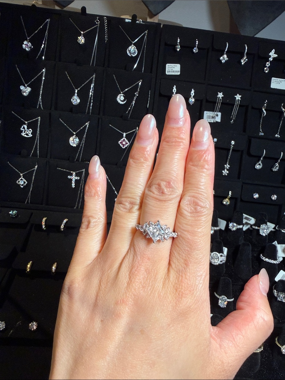 Silver Tone Moissanite Cluster Ring - White